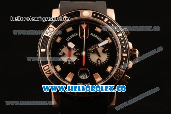 Ulysse Nardin Maxi Marine Diver Chronograph Miyota OS20 Quartz Rose Gold Case with Black Dial White Markers and Black Rubber Strap - Click Image to Close